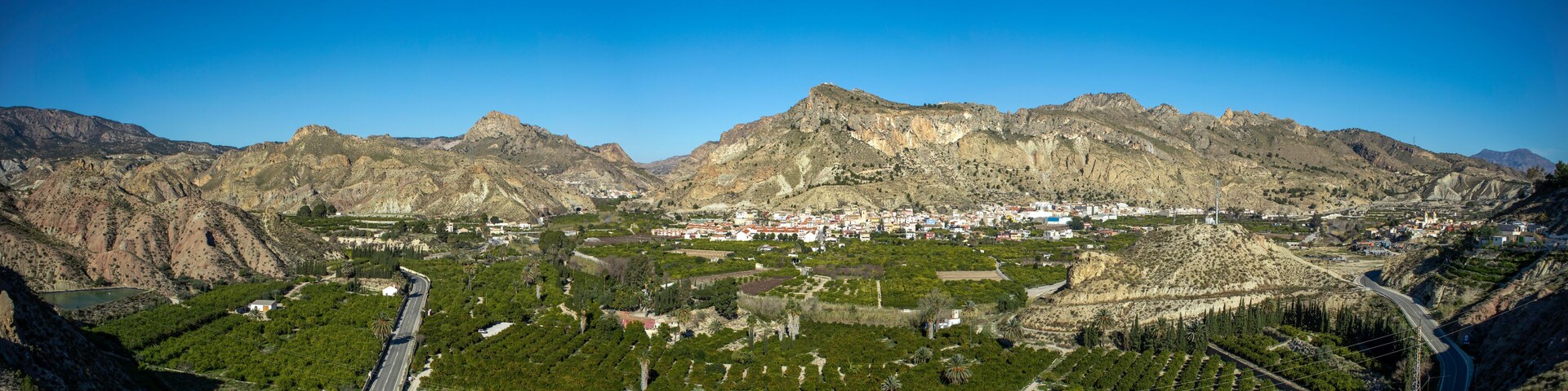 Panoramic view of part of the Ricote Valley with its orchard, the mountains and the town of Ulea in the background