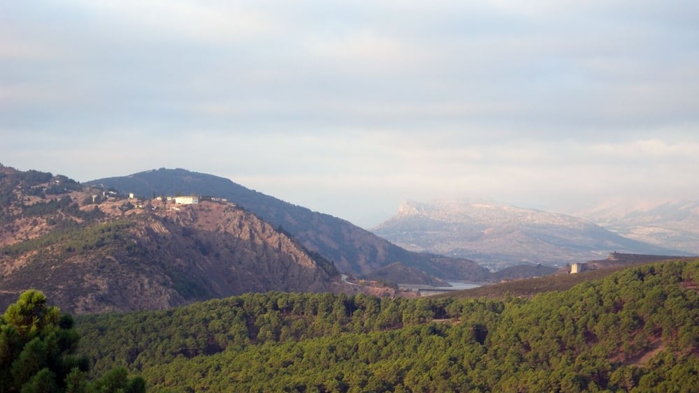 A mountainous landscape with dense forests and a castle on a hill.