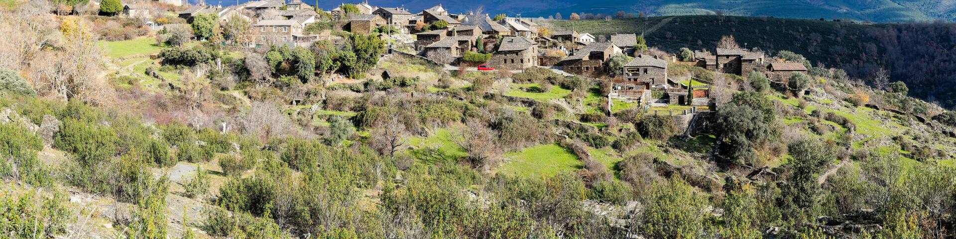 Slate stone antique village of Roblelacasa. Black architecture. Guadalajara, Spain