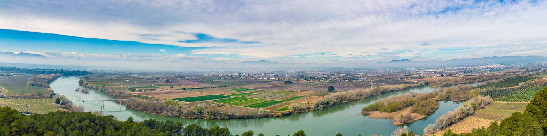 Ebro River in Spain, passing near Mora la Nova and Mora d'Ebre. Springtime view of fruit tree cultivation fields. Stack panorama from 20 shots.