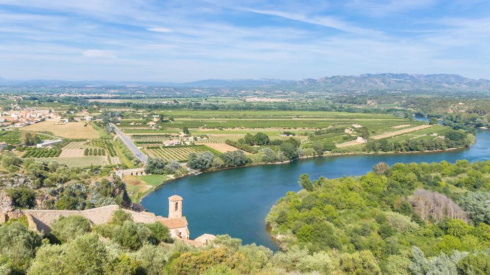 A river winding through a valley with vineyards, a tower, and distant mountains.