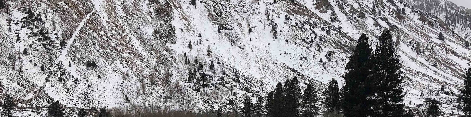 A snow-covered mountain with a frozen river in the foreground.