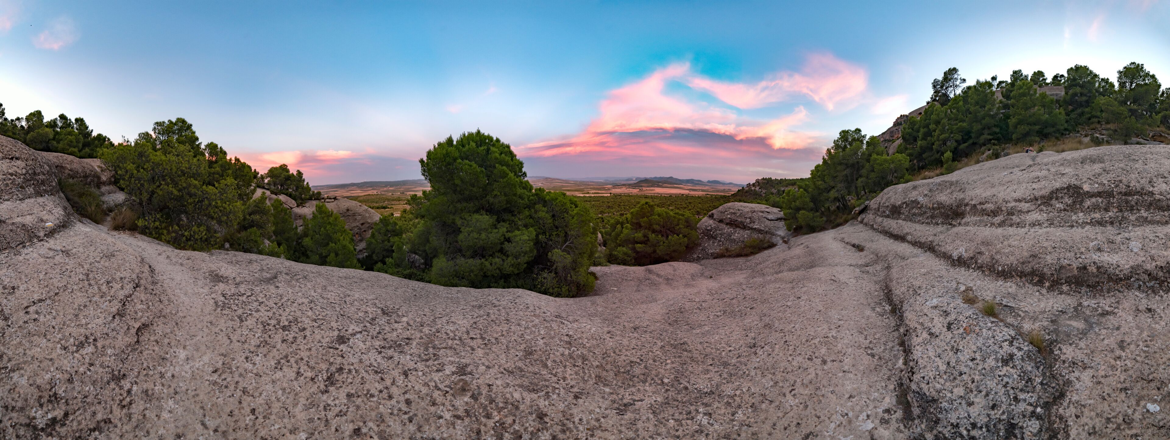 A rocky landscape with dense pine trees and a distant view of a valley under a colorful sky.