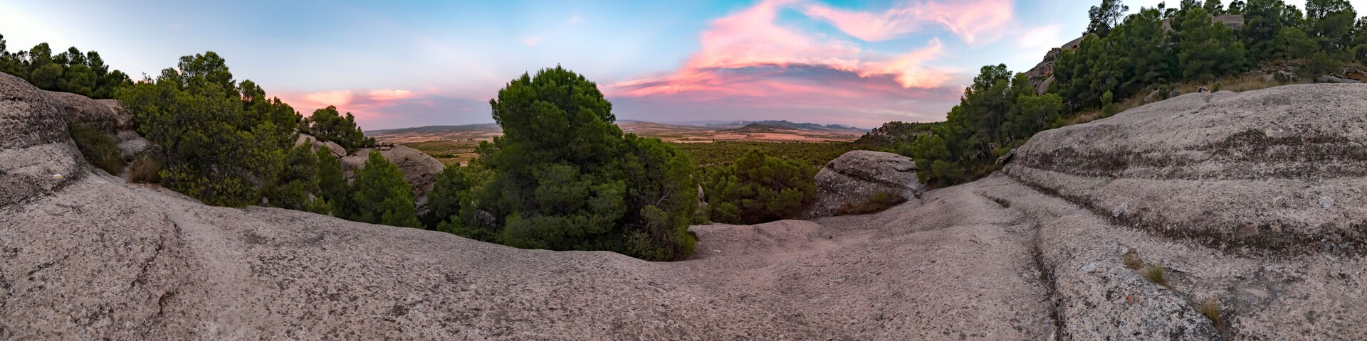 A rocky landscape with dense pine trees and a distant view of a valley under a colorful sky.