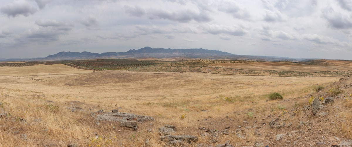 A dry, hilly landscape with sparse vegetation and distant mountains under a cloudy sky.