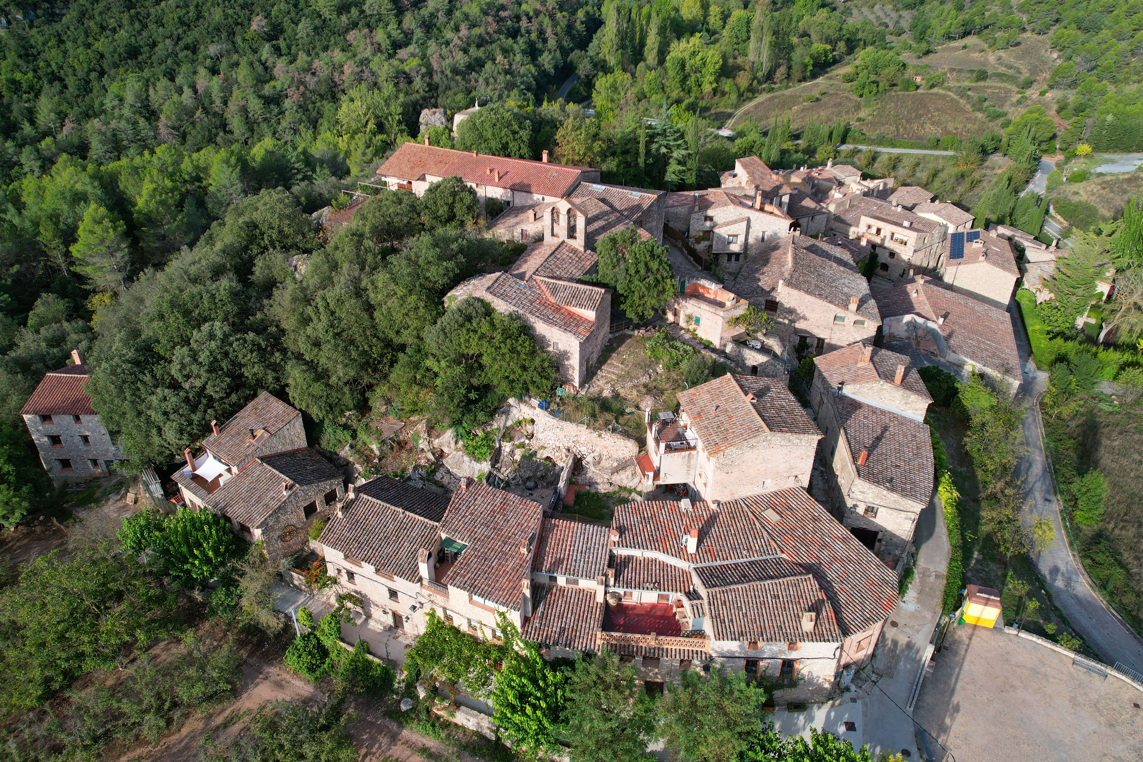 Una vista aerea di un borgo storico con edifici in pietra, tetti in terracotta e rigogliosa vegetazione.