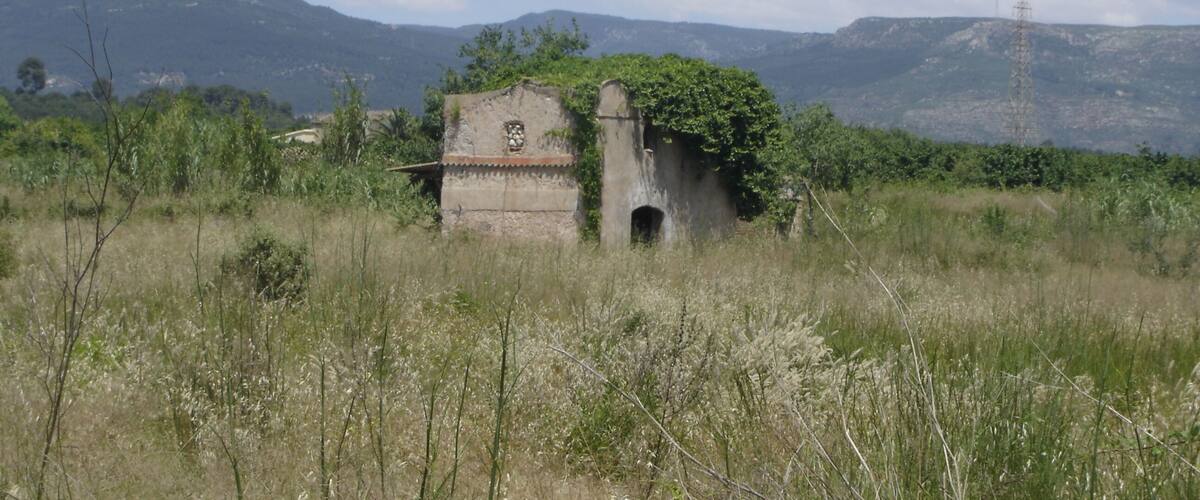 A rural landscape with a dilapidated stone structure surrounded by tall grass and wildflowers, set against a backdrop of mountains and a clear sky.