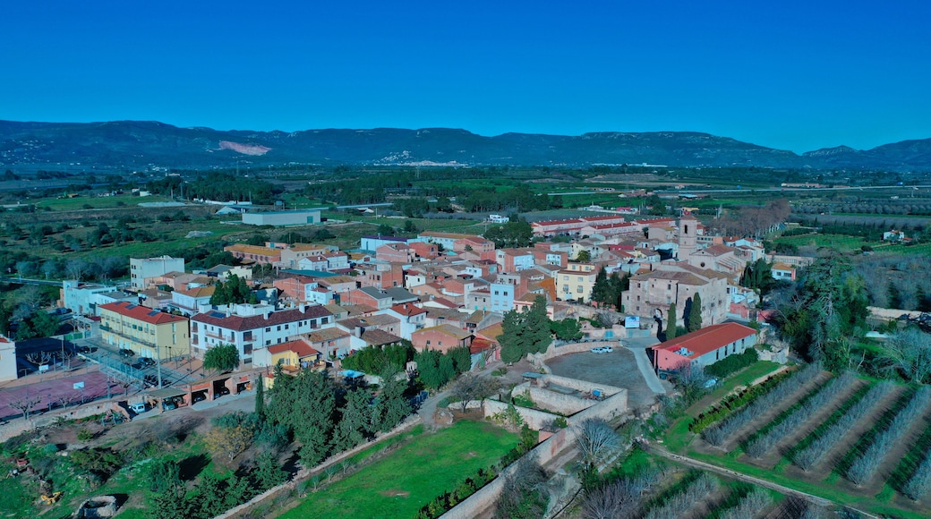 A town with colorful buildings, a church, and surrounding green fields and mountains.