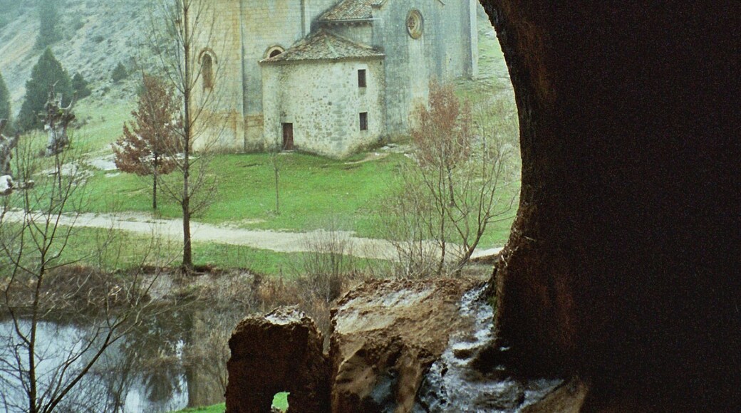 Hermitage of San Bartolomé, Ucero (Soria, Spain), from a nearby cave, in the mist.