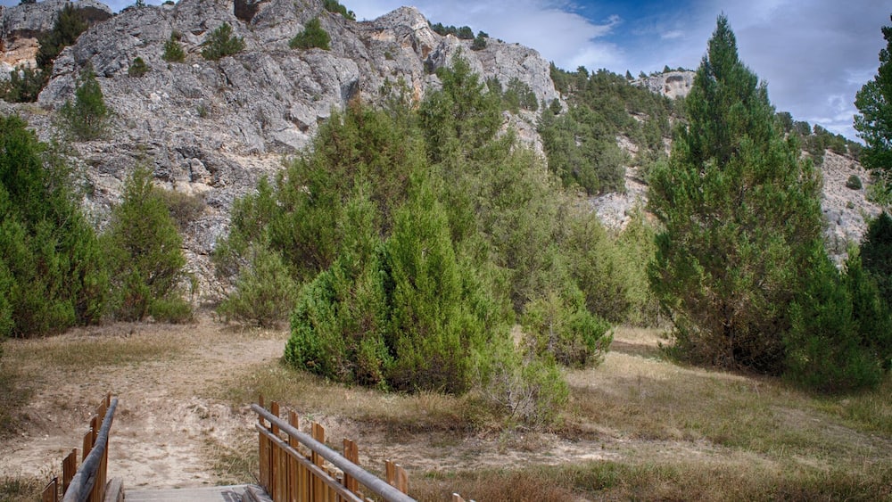 Un pont en bois mène à une montagne rocheuse où la végétation est clairsemée.