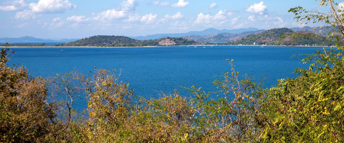 A coastal landscape with a large body of water, hills in the distance, and dense vegetation in the foreground.