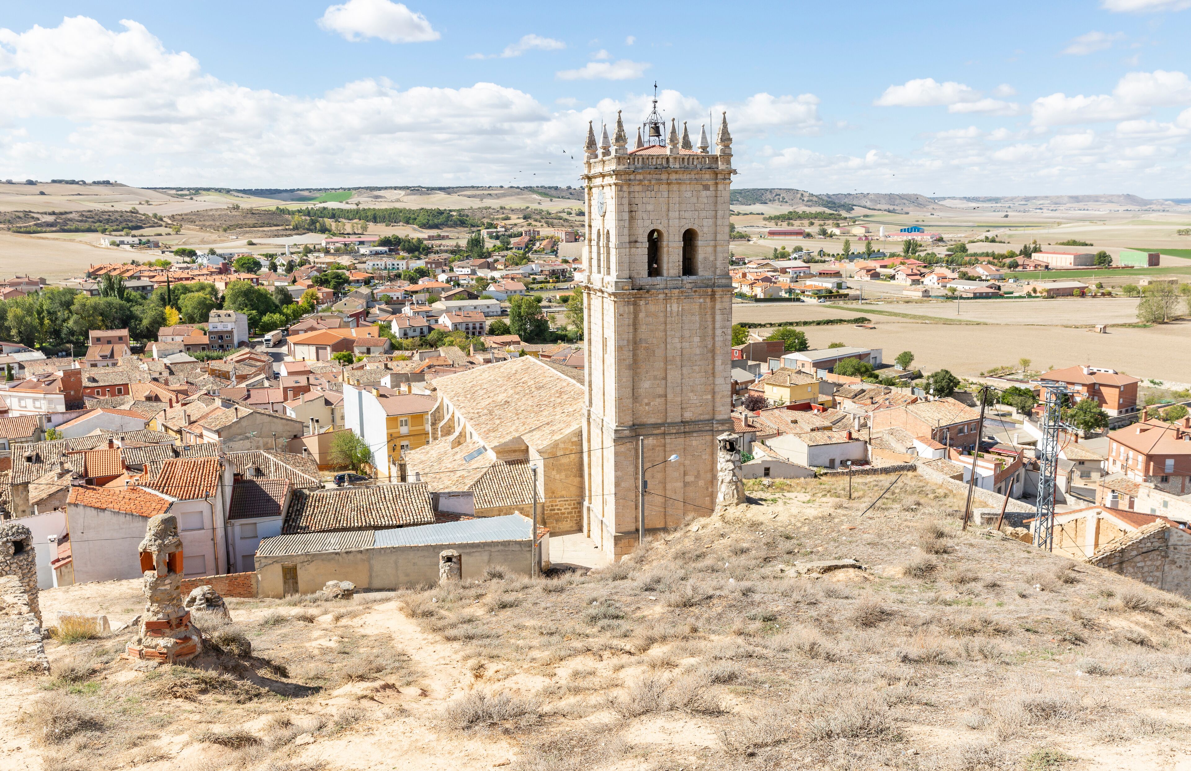 A historic town with a prominent tower, surrounded by terraced houses and fields.