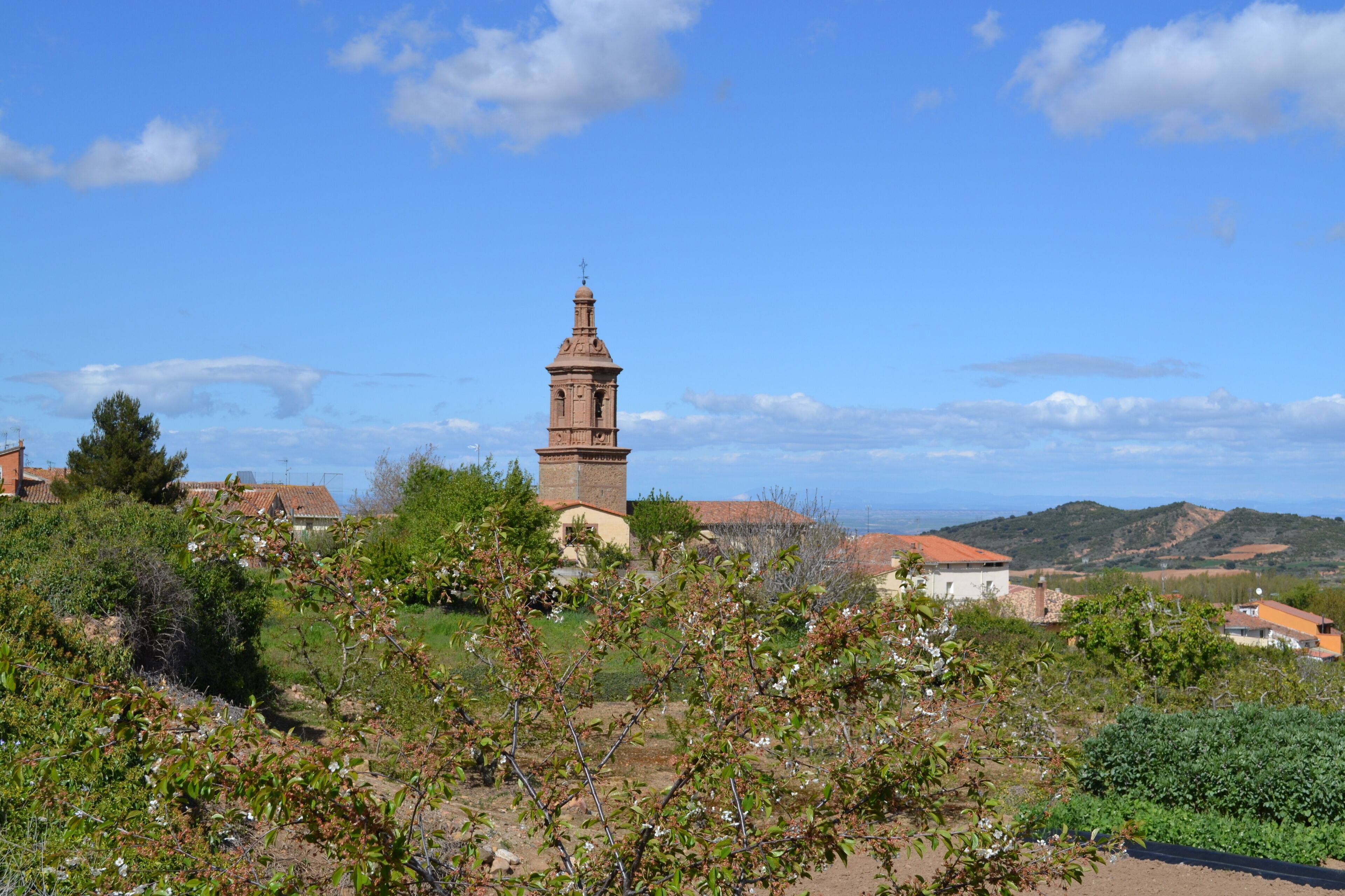 A tower, greenery, and houses in a hilly landscape.