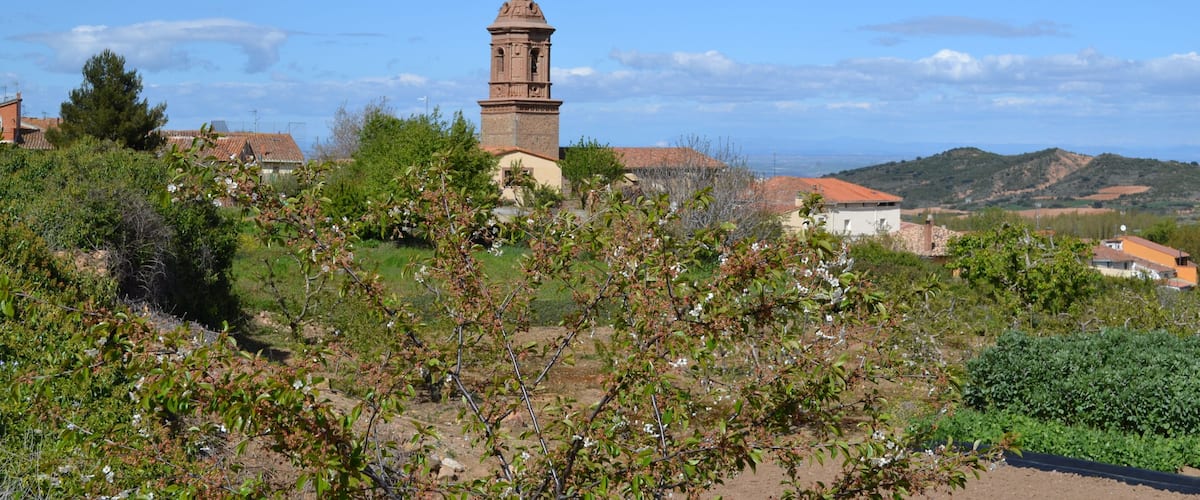 A tower, greenery, and houses in a hilly landscape.