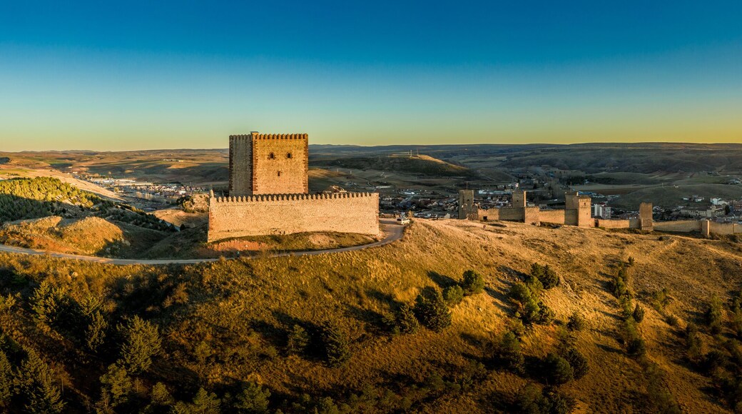 Molina de Aragon classic medieval Spanish ruined castle aerial panorama view at sunset close to Guadalajara Spain