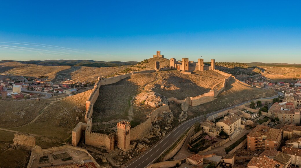 Molina de Aragon classic medieval Spanish ruined castle aerial panorama view at sunset close to Guadalajara Spain