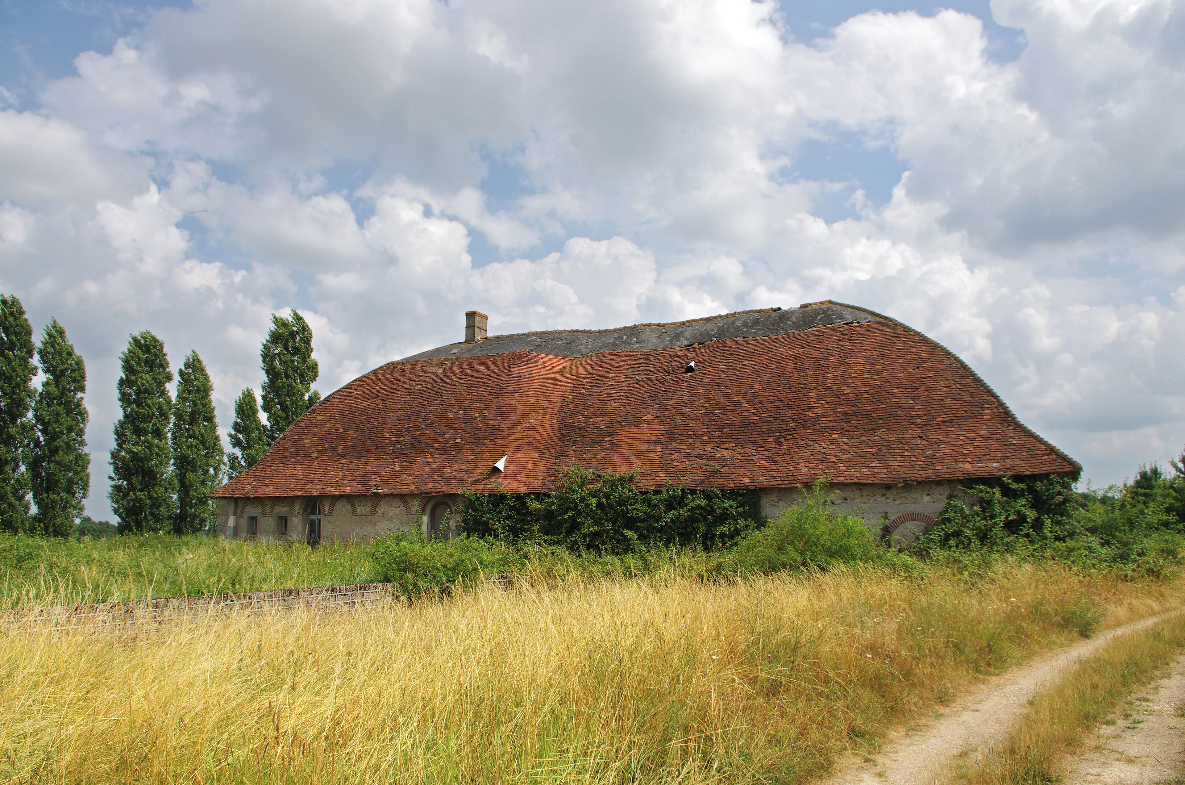 A rustic building with a red-tiled roof, surrounded by tall grass and trees.