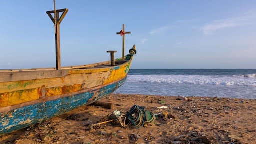 Pirogues on the beach in N’zima fishermen village, Sud-Comoé, Grand-Bassam, Ivory Coast