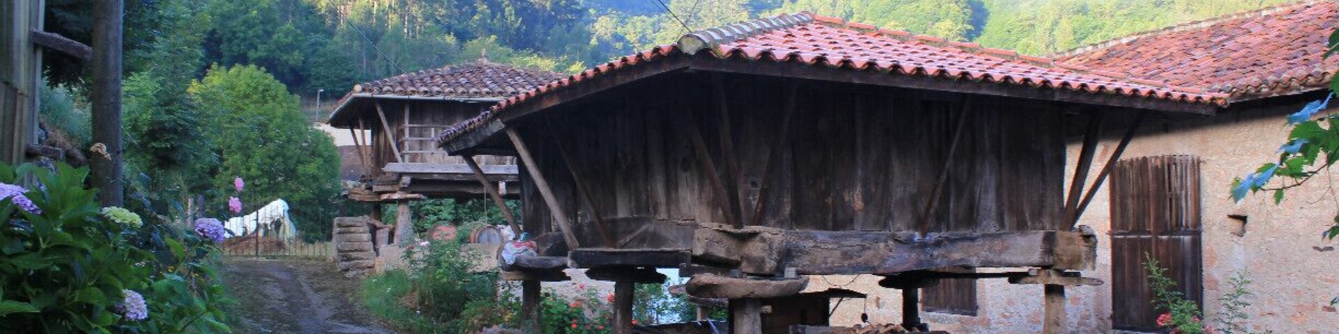 A rustic village with wooden houses and a dirt road.