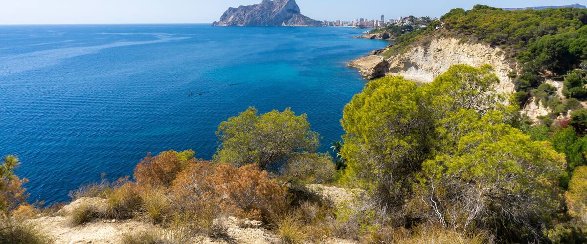 A coastal landscape with a prominent rocky outcrop, clear blue sea, and dense green vegetation.
