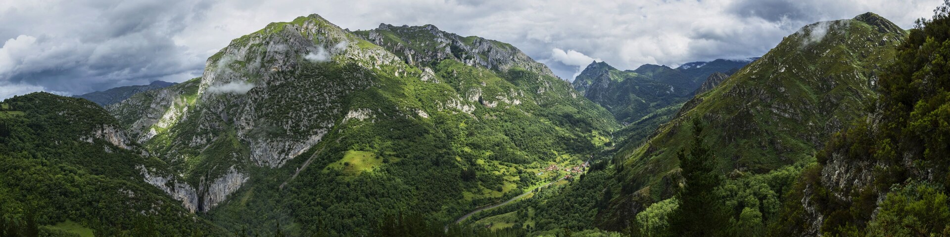 A mountainous landscape with dense forests and a winding road.