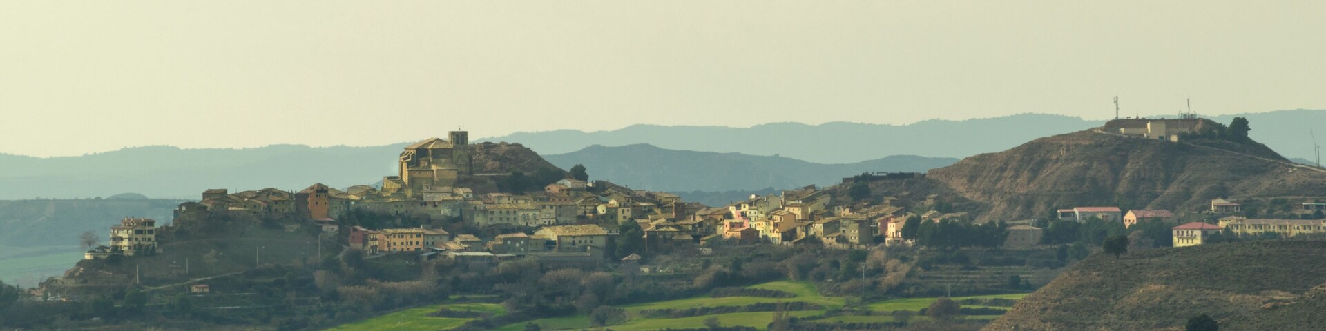 A historic town on a hill with buildings and a castle.