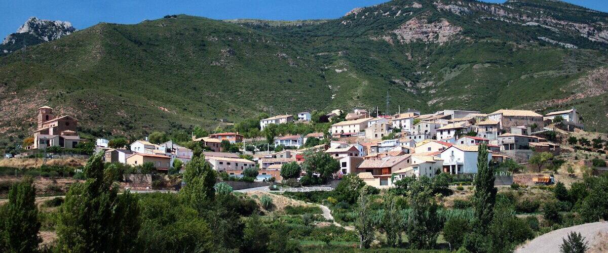 A hillside village with buildings, greenery, and a mountain in the background.