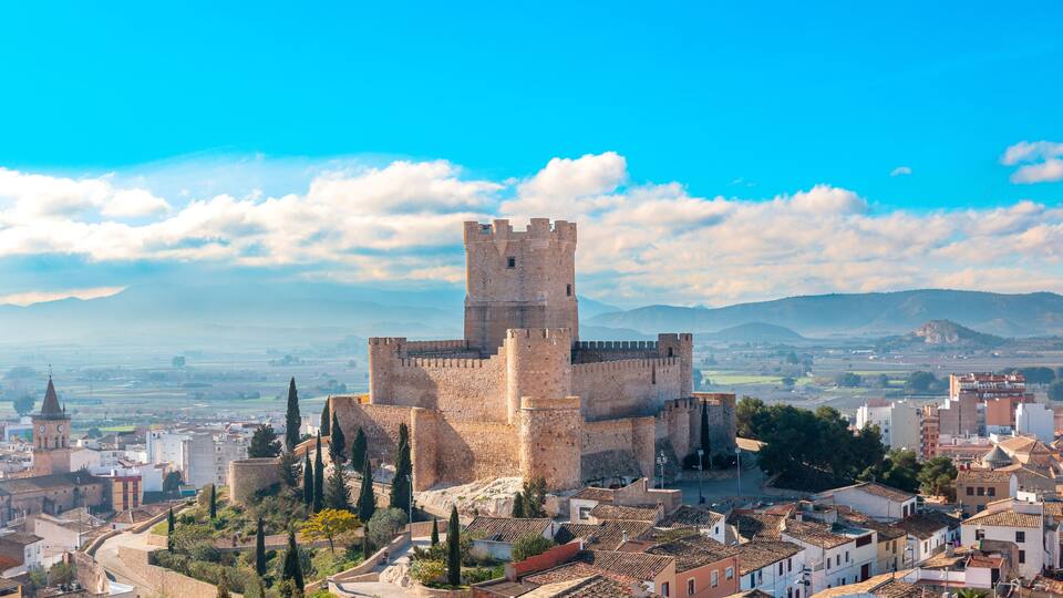 A historic castle surrounded by a cityscape with a clear sky.
