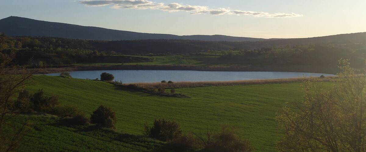 A lake surrounded by green fields and hills under a clear sky.