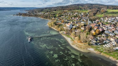A coastal town with a pier extending into a calm lake, surrounded by hills and residential buildings.