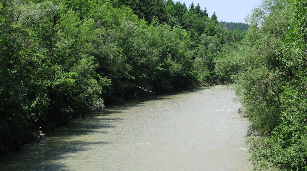 Die Ammer an der Brücke südlich von Peißenberg, flussaufwärts gesehen.