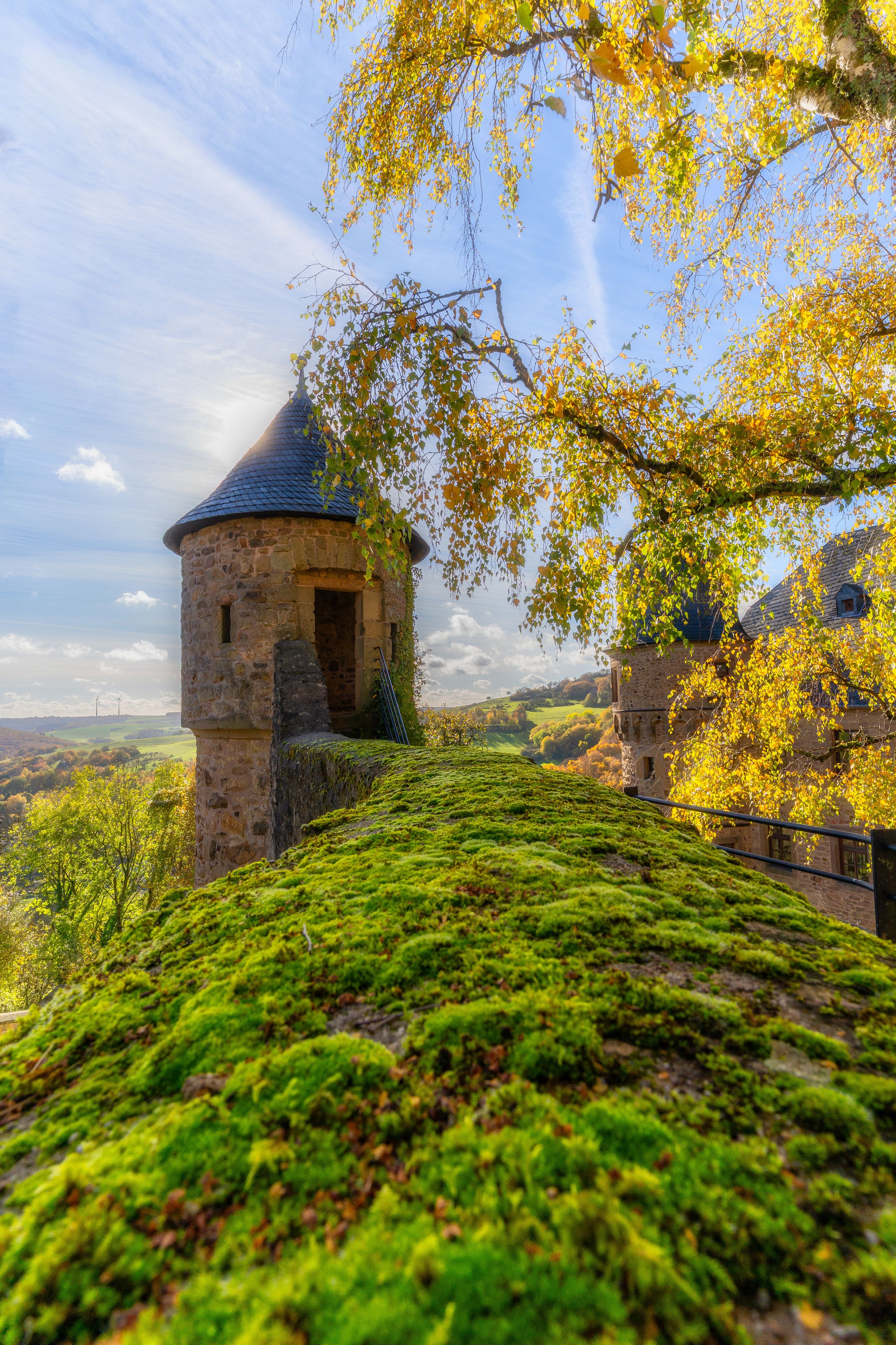 Una torre in pietra con tetto a cono circondata da vegetazione rigogliosa e foglie autunnali.