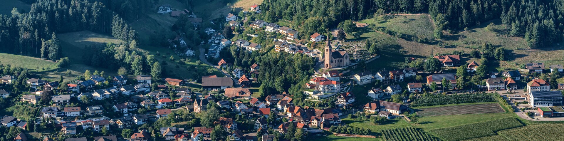 A village nestled in a valley surrounded by dense forests, with houses and a church.