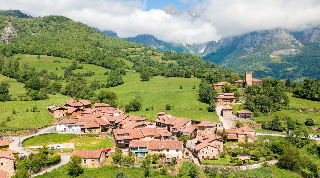 aerial view of potes medieval town, Spain