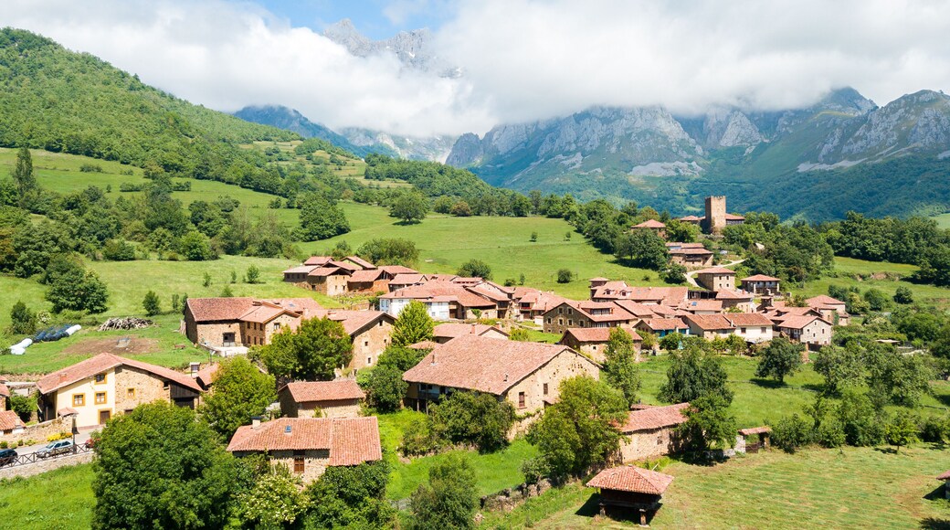 aerial view of potes medieval town, Spain