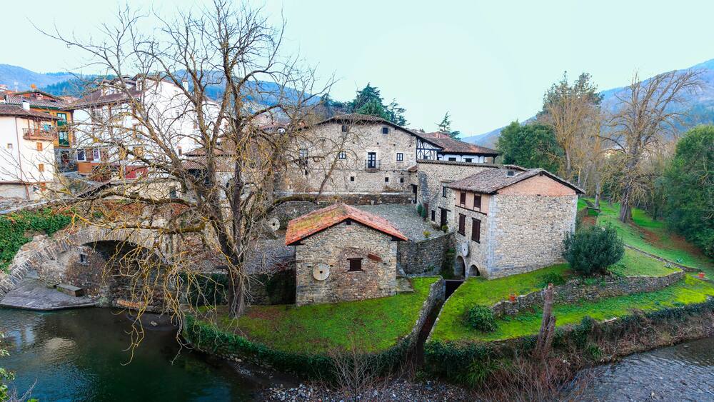 Paniramic view of old watermill in Potes, a municipality in the autonomous community of Cantabria in Spain