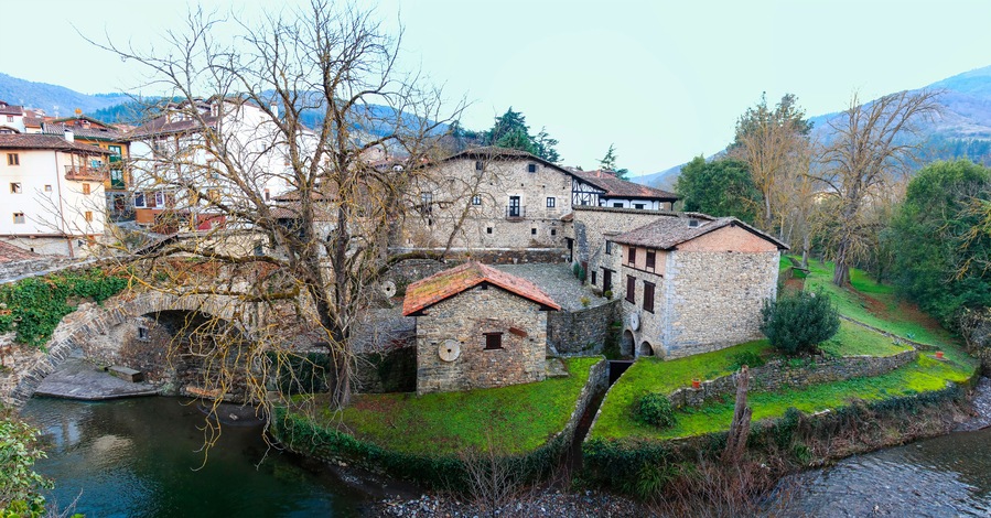 Paniramic view of old watermill in Potes, a municipality in the autonomous community of Cantabria in Spain