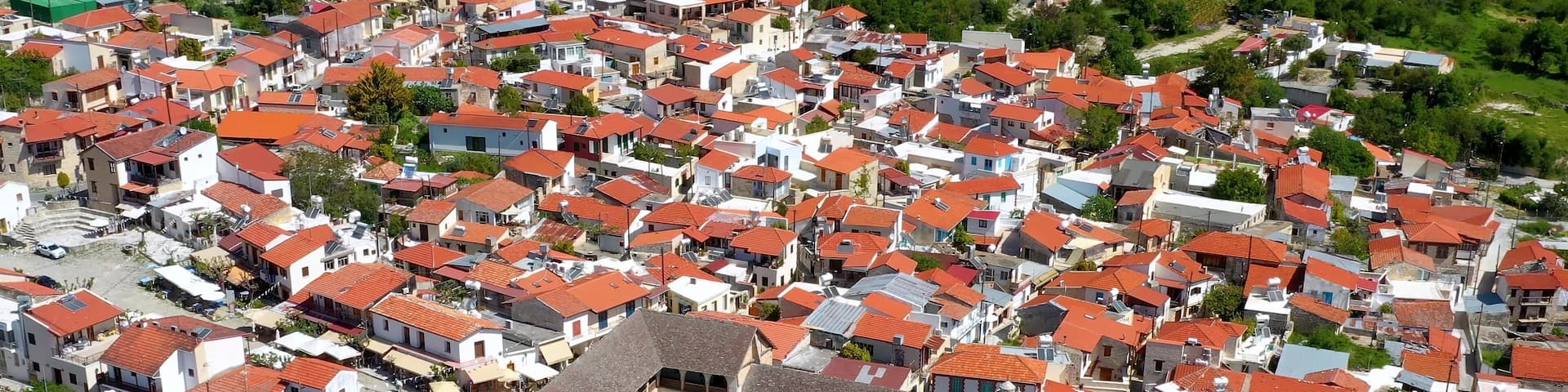 Flying around Timios Stavros monastery in Omodos village. Limassol District, Cyprus