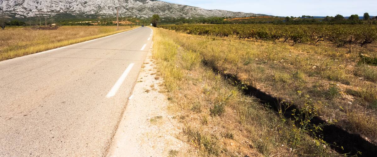 A road with a mountain in the background.