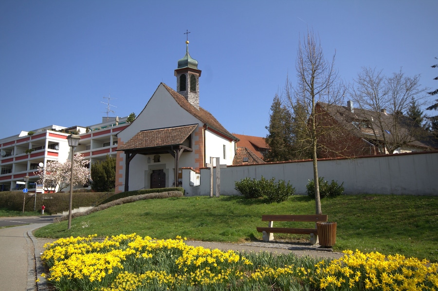 Una iglesia con un campanario, un banco y flores amarillas en primer plano.
