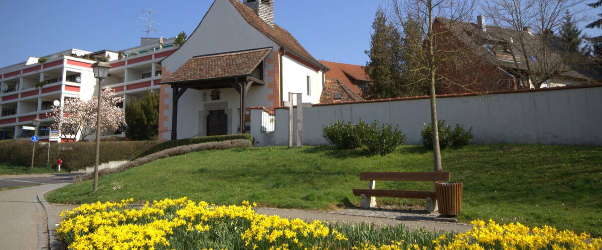 A church with a bell tower, a bench, and yellow flowers in the foreground.