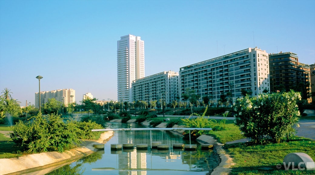Valencia which includes a city, a garden and a river or creek