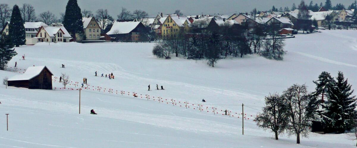 A snowy ski slope with skiers, houses, and trees in a residential area.