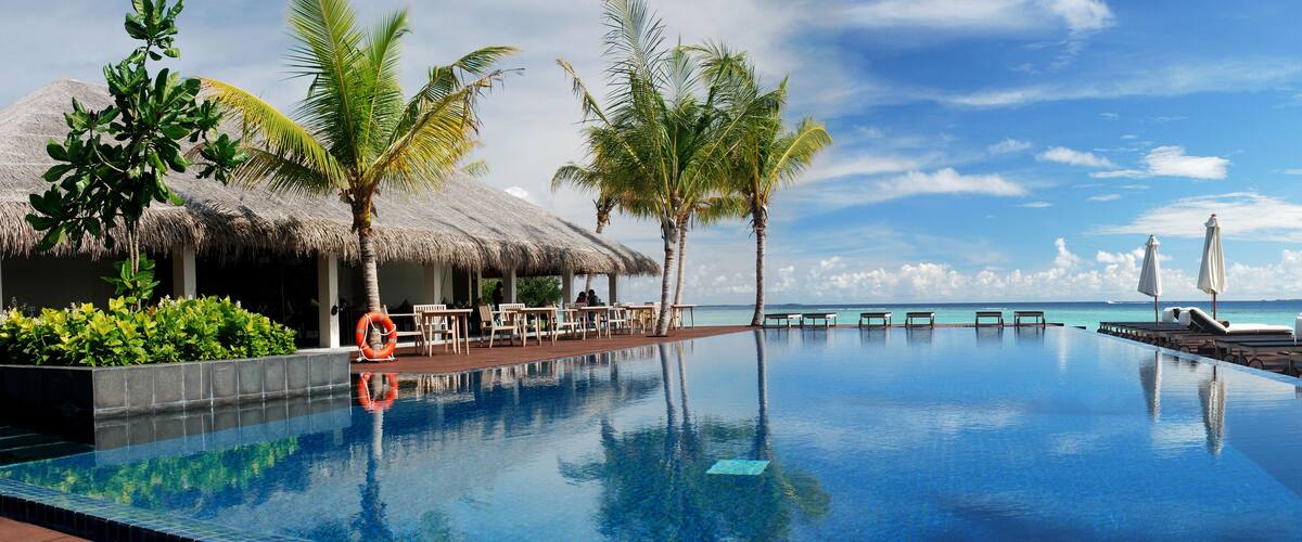 A clear blue infinity pool with lounge chairs and umbrellas, palm trees, and a thatched-roof hut by the ocean.