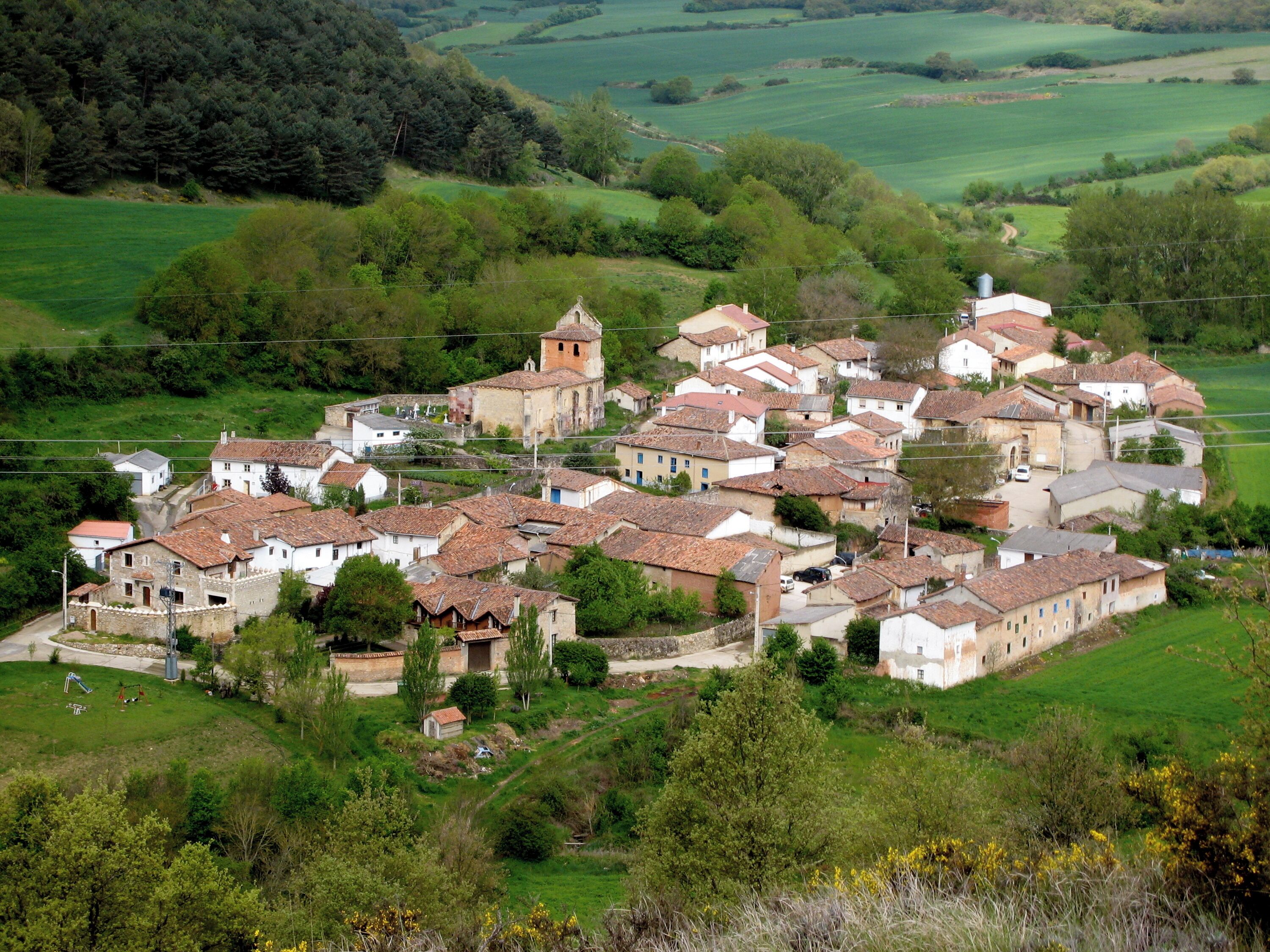 A village with terracotta-roofed houses, a church with a bell tower, and surrounding green fields.