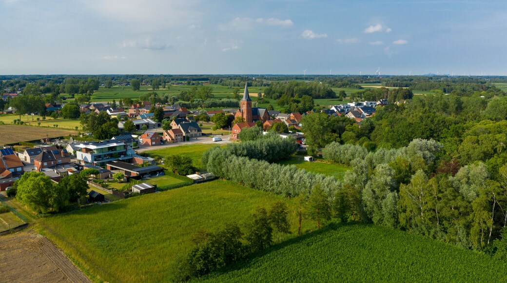 Aerial view towards the village of Puivelde, in East Flanders, Belgium