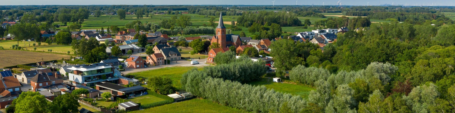 Aerial view towards the village of Puivelde, in East Flanders, Belgium