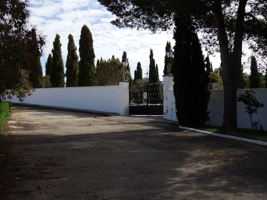 Un camino de entrada cerrado por una reja, con altos árboles y un muro blanco.