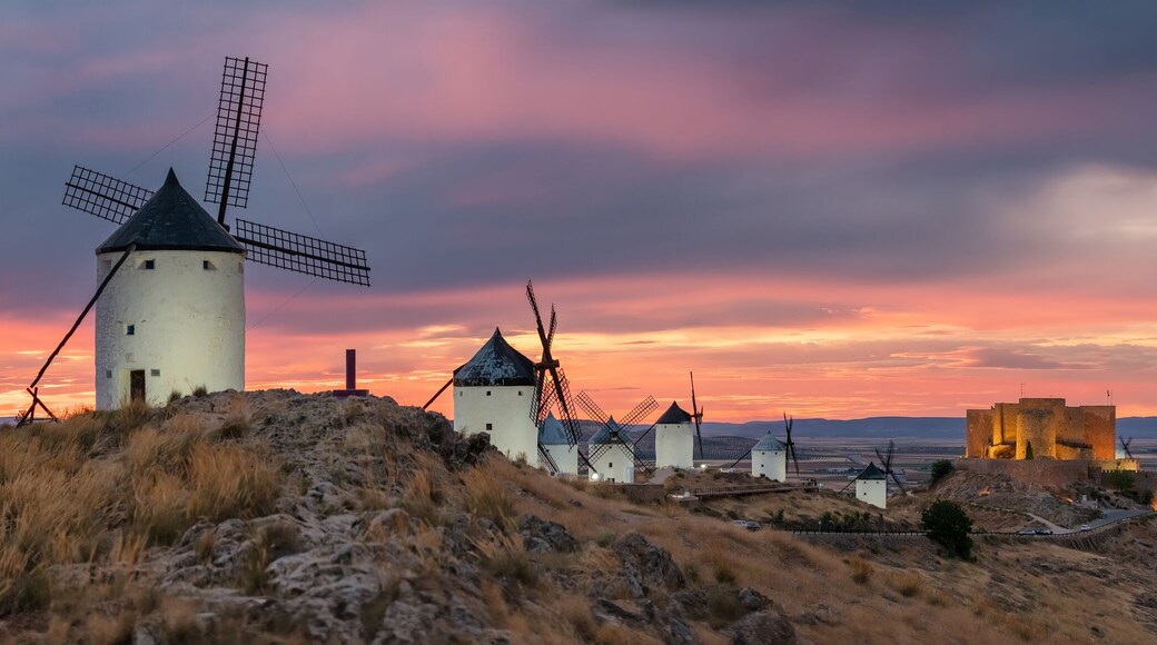 Historic windmills of Consuegra at sunset, Castilla-La Mancha, Spain.