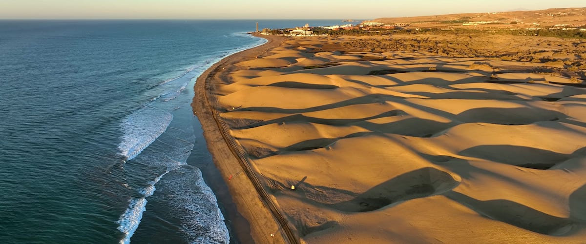 A coastal landscape with a sandy beach, ocean waves, and distant buildings.